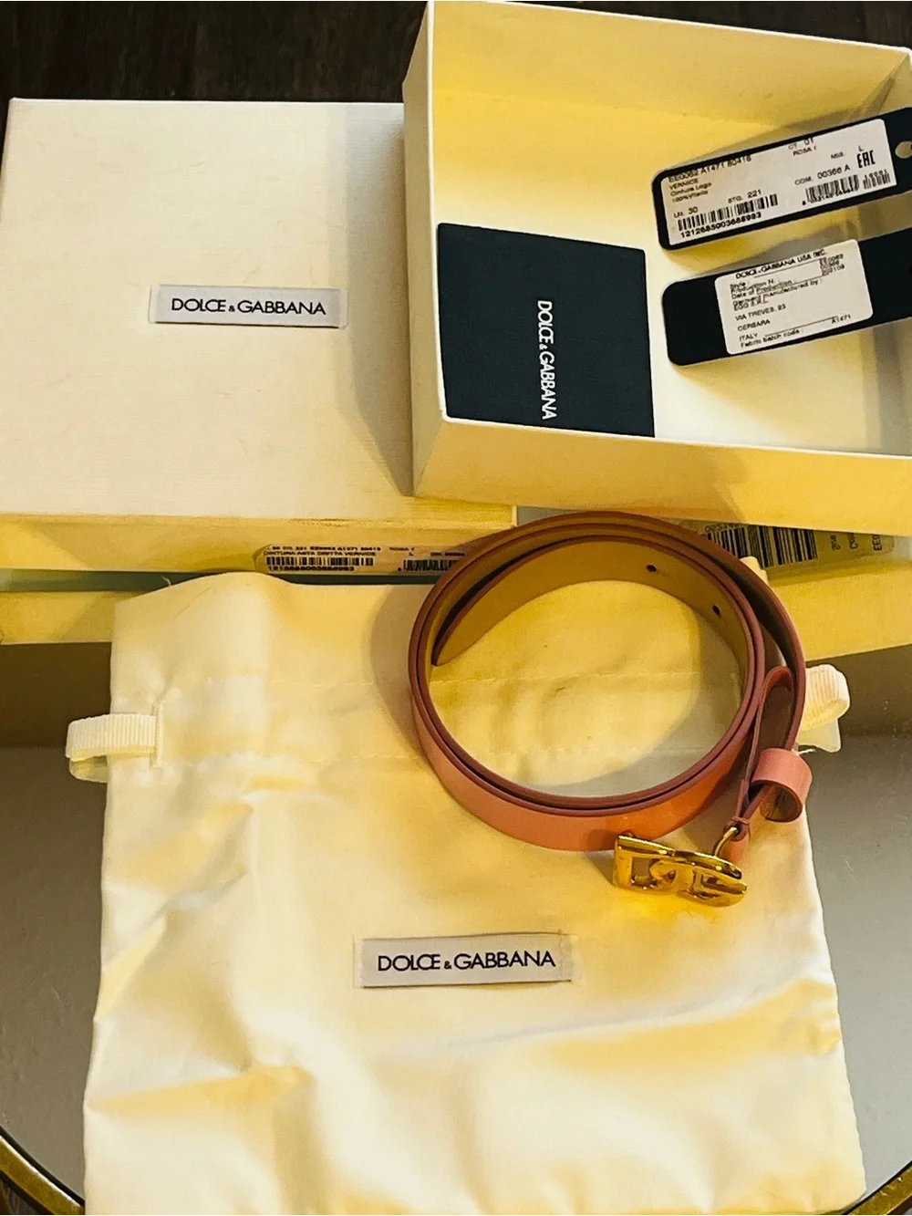 Dolce & Gabbana Pink Patent Leather Childs Belt with Gold DG Buckle